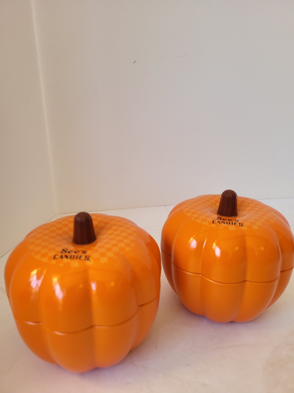 See's Candies Pumpkin Tins - Orange Halloween (NO Candy) 2016 s/2